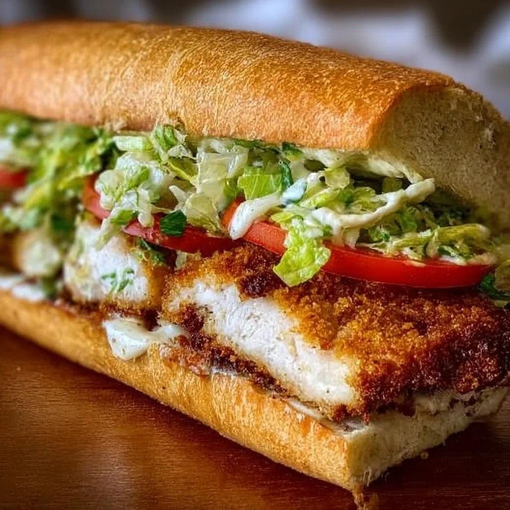 Crispy Chicken Caesar Sandwich with lettuce and dressing on a rustic wooden table