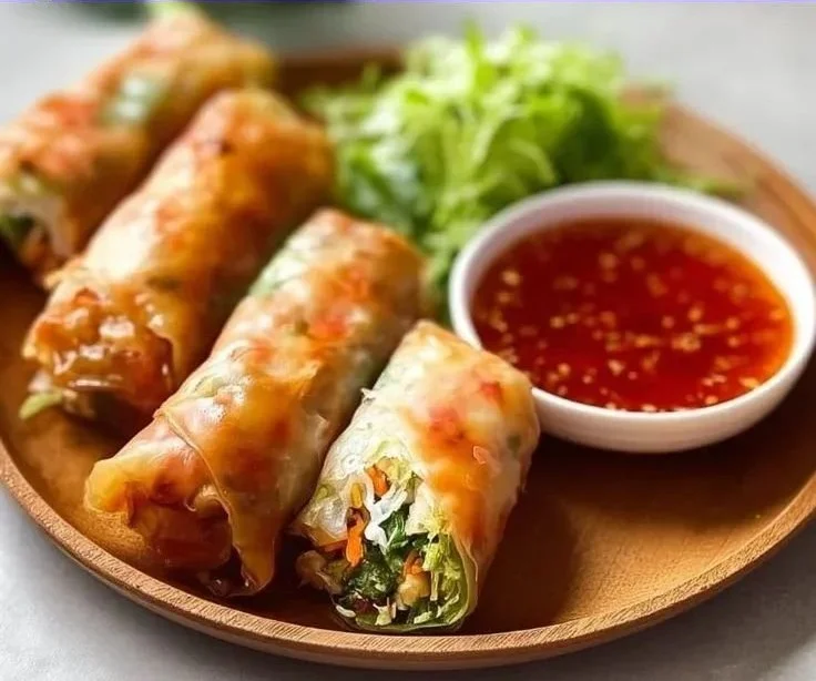 Crispy chicken spring rolls served with dipping sauce