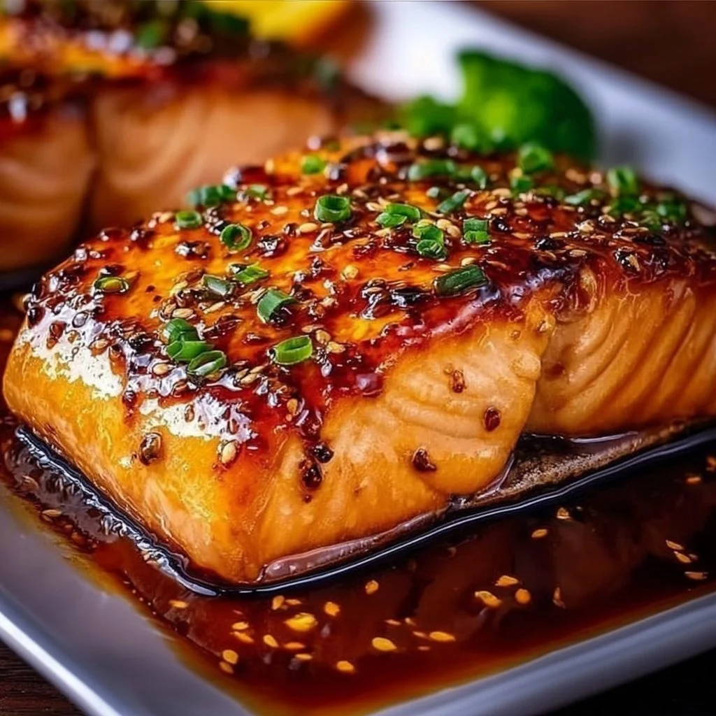 Crispy honey garlic glazed salmon served on a plate with fresh herbs