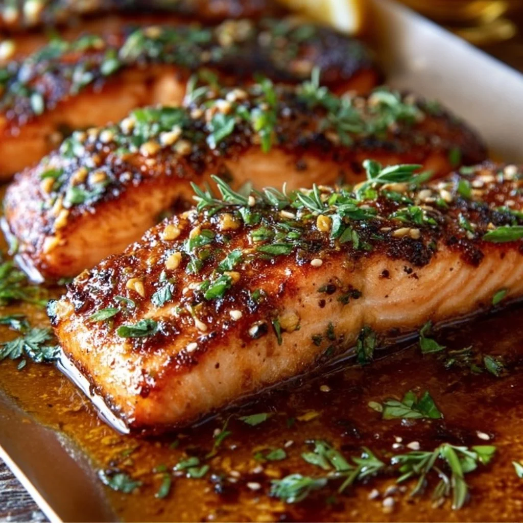 Crispy Honey Garlic Salmon served with vegetables on a plate
