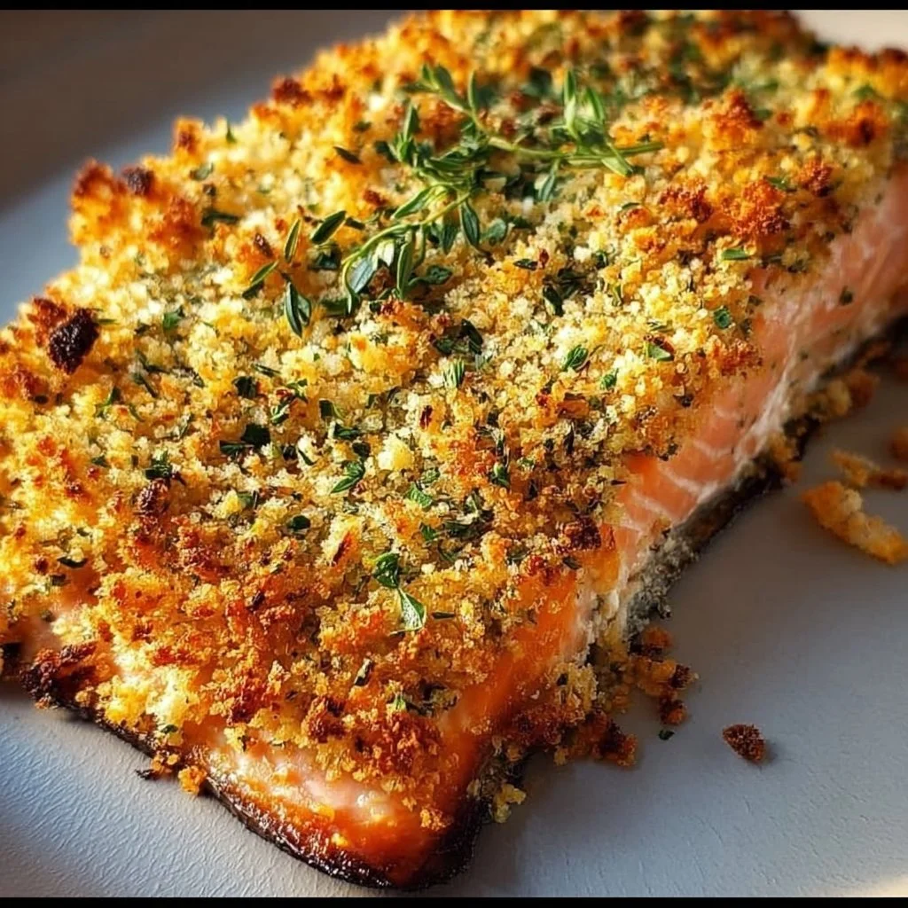 Crispy Parmesan Salmon Bake served with fresh herbs and lemon