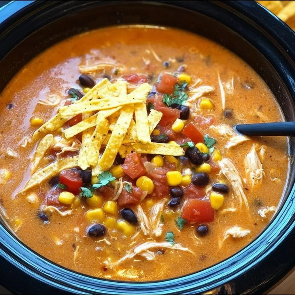 Bowl of delicious Crockpot Chicken Tortilla Soup garnished with tortilla chips and cilantro