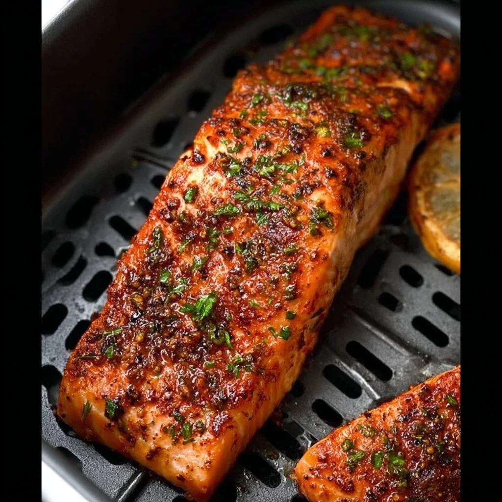 Deliciously cooked air fryer salmon served on a plate with herbs