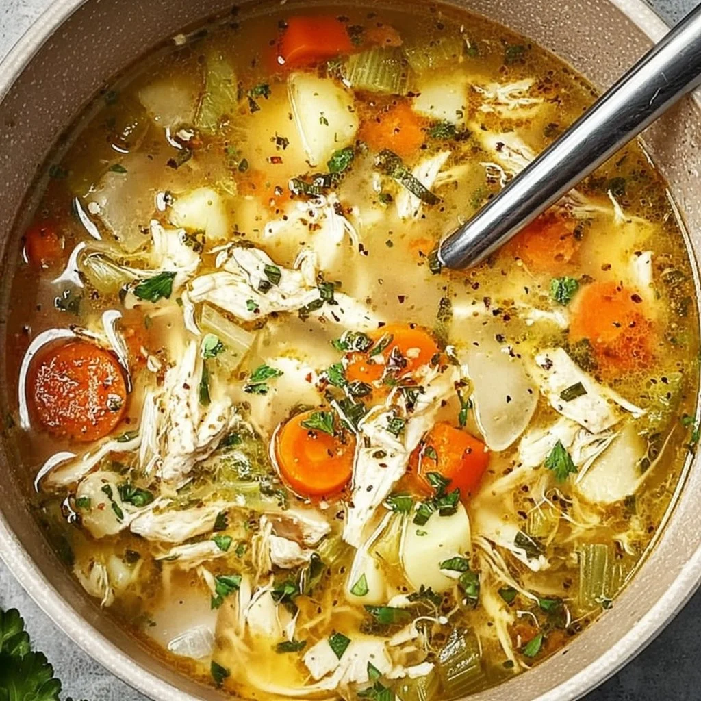 Bowl of homemade chicken soup with vegetables and herbs