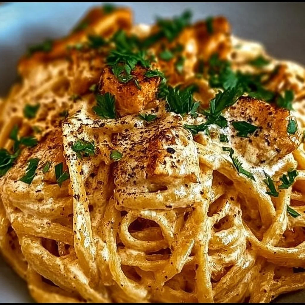 Delicious cowboy butter chicken linguine served in a bowl with herbs for garnish
