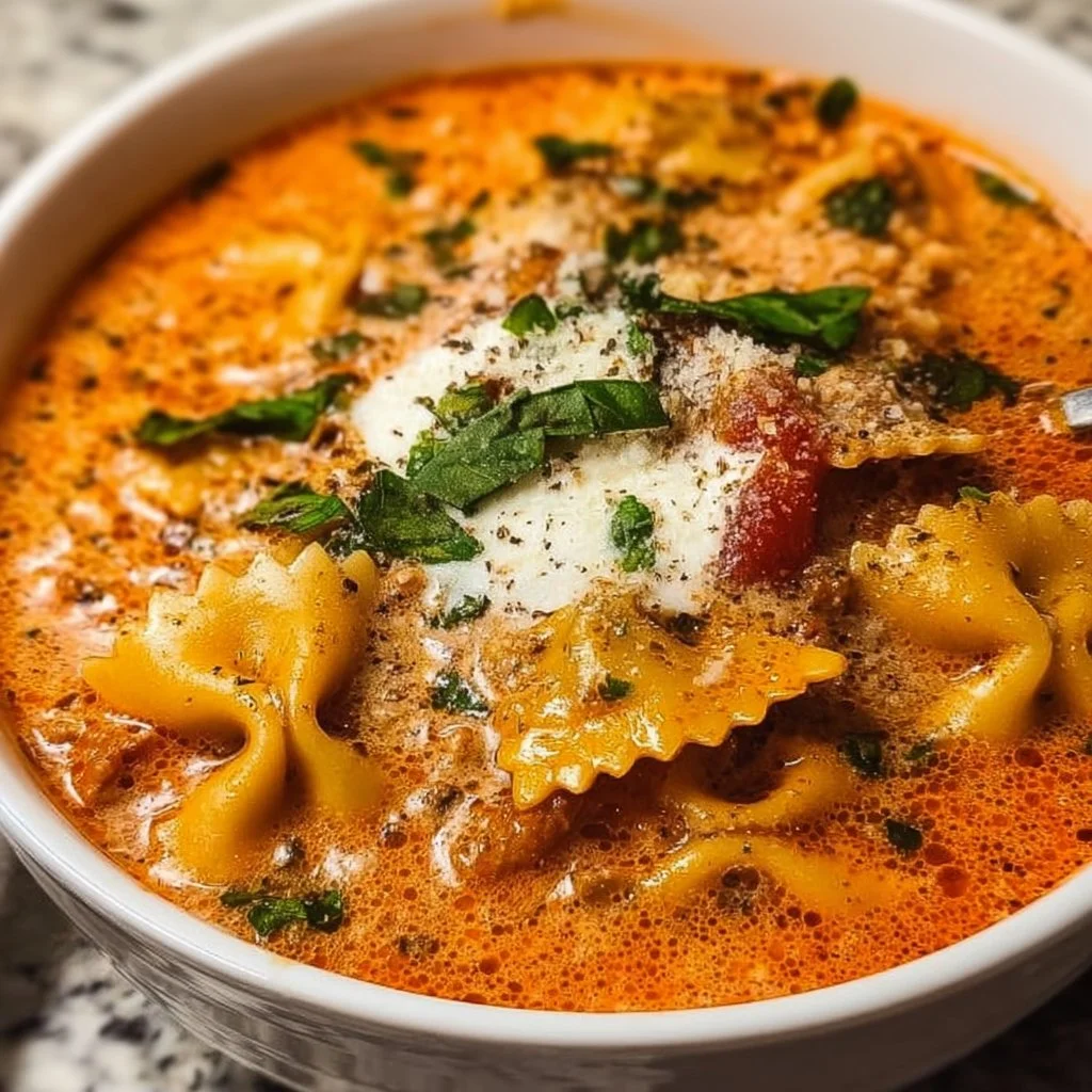 Bowl of easy creamy lasagna soup garnished with herbs and cheese