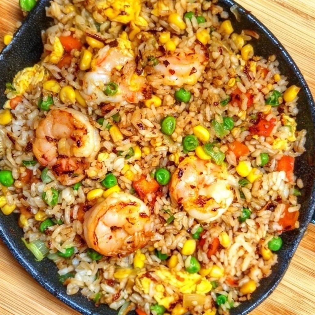 Delicious plate of easy egg fried rice with vegetables and eggs.