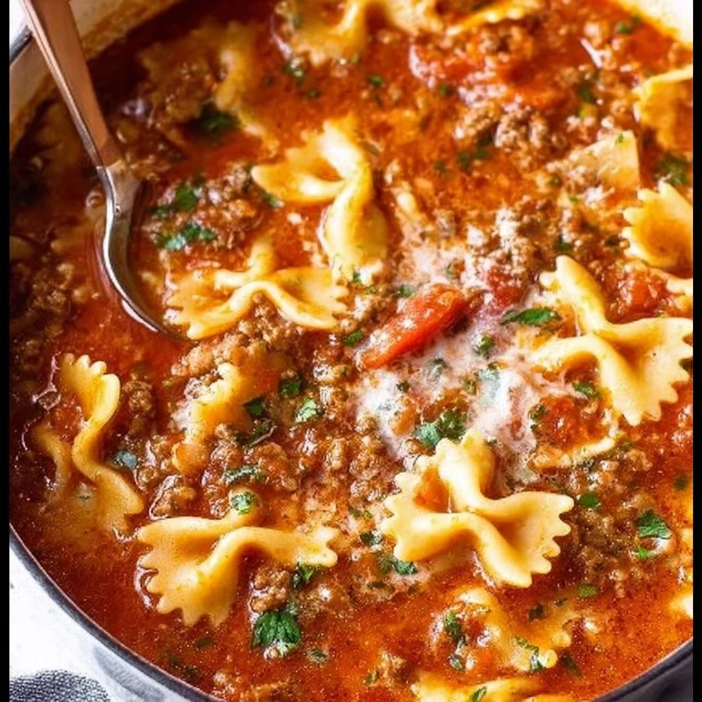 Bowl of easy lasagna soup garnished with herbs and cheese