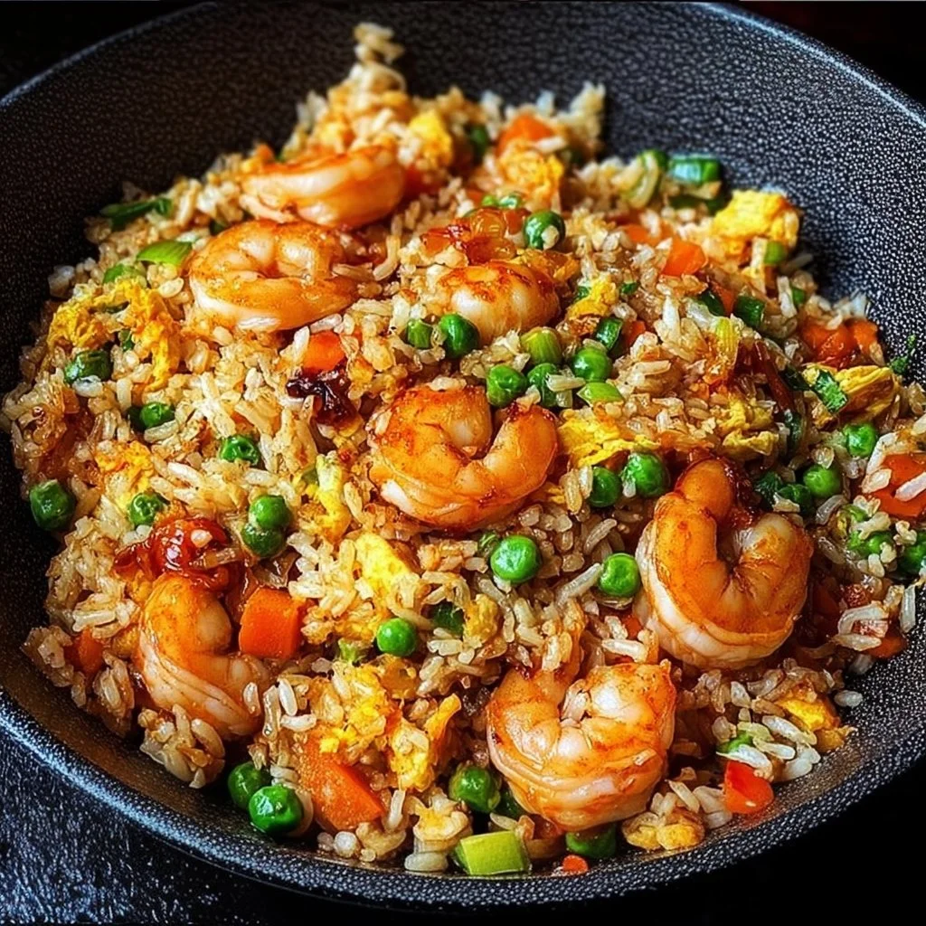 Plate of easy shrimp fried rice with vegetables and shrimp on a wooden table
