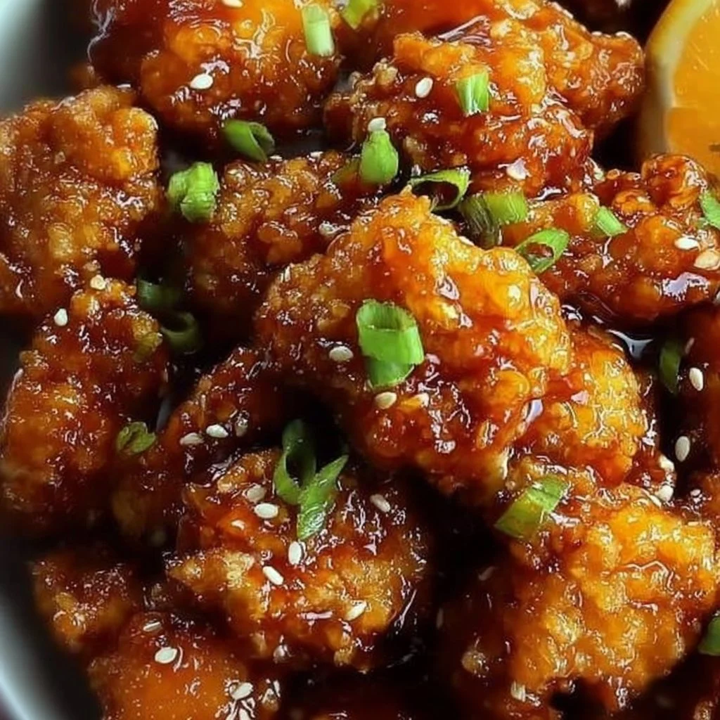 Crispy orange chicken served with rice and garnished with green onions