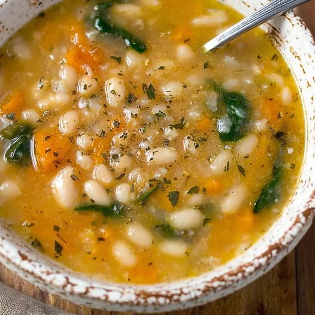 Bowl of flavor-packed white bean soup garnished with herbs and vegetables