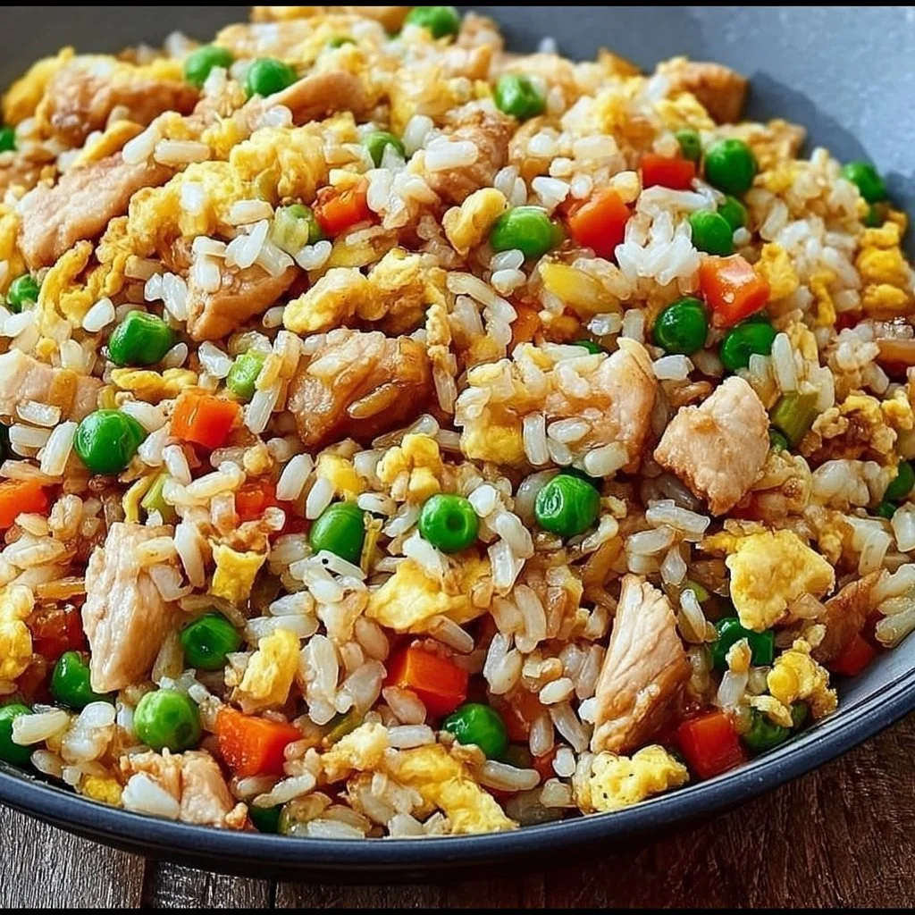 A delicious plate of fried rice with vegetables and unexpected ingredients.