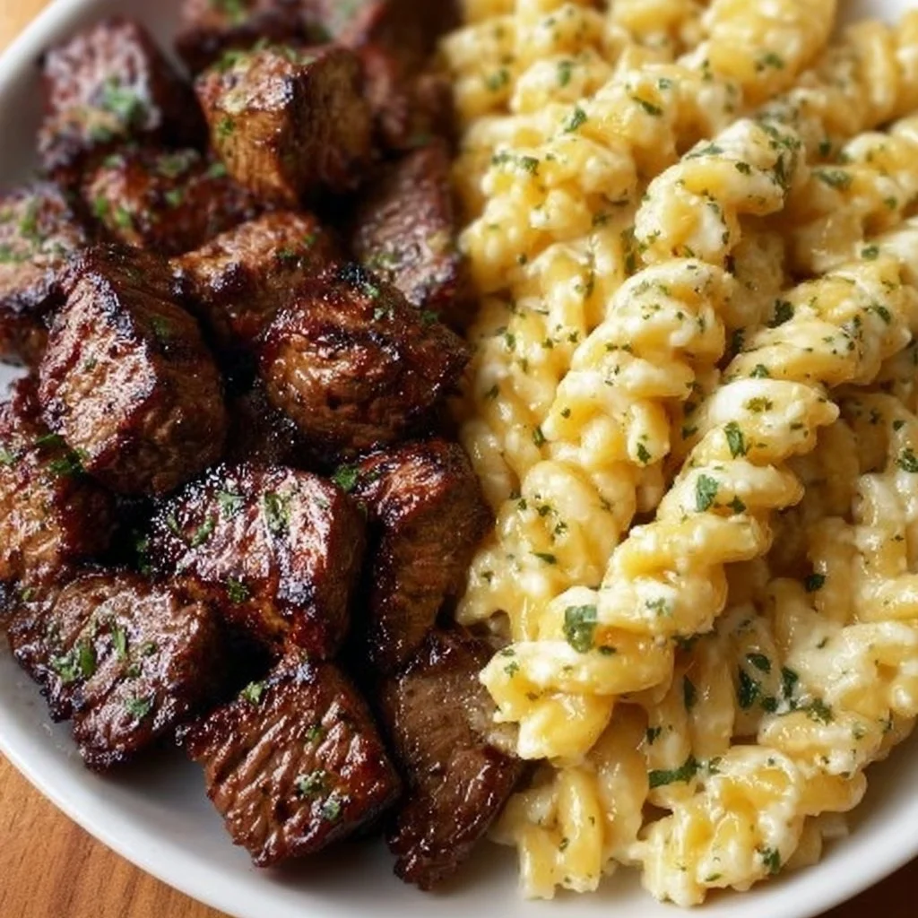 Garlic Butter Steak Bites served with Cheesy Alfredo Twists