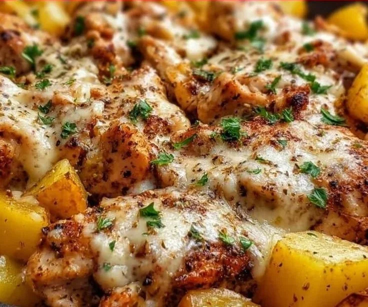 Garlic Parmesan Chicken served with seasoned potatoes on a plate