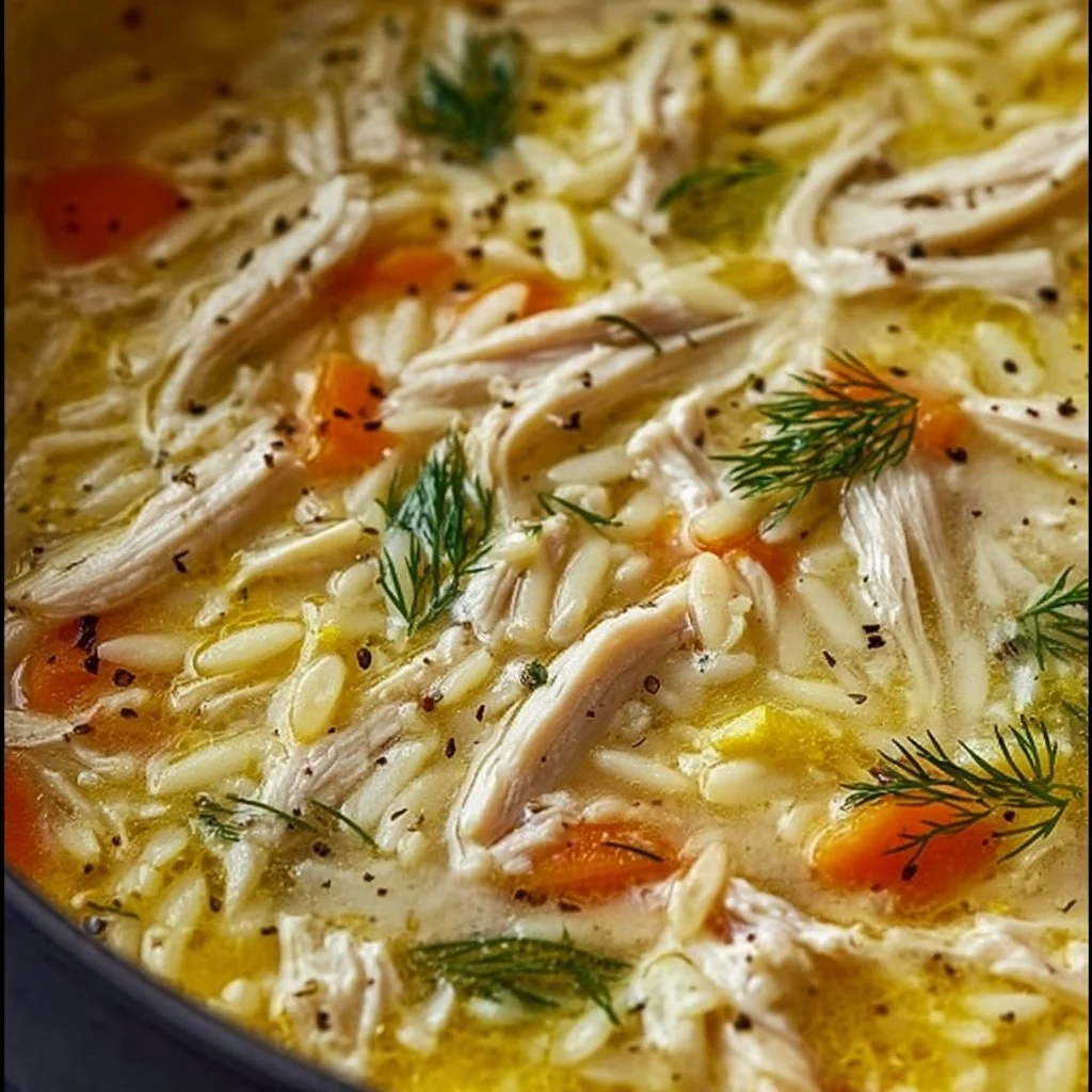 Bowl of Greek Lemon Chicken Soup garnished with fresh herbs