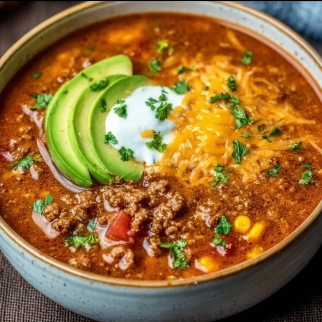 Delicious bowl of ground beef enchilada soup topped with cheese and cilantro