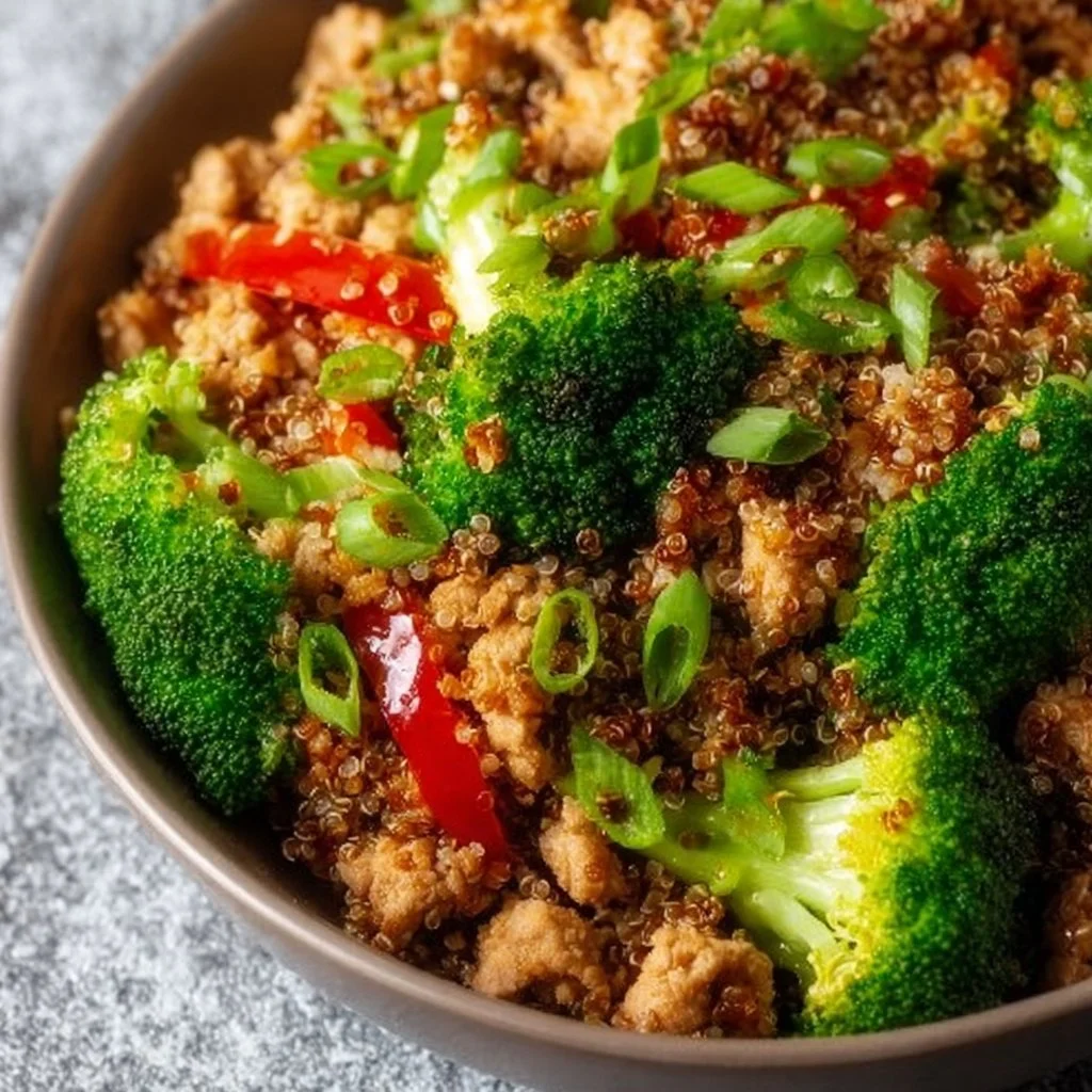 Ground chicken and broccoli protein bowls with colorful vegetables and seasoning
