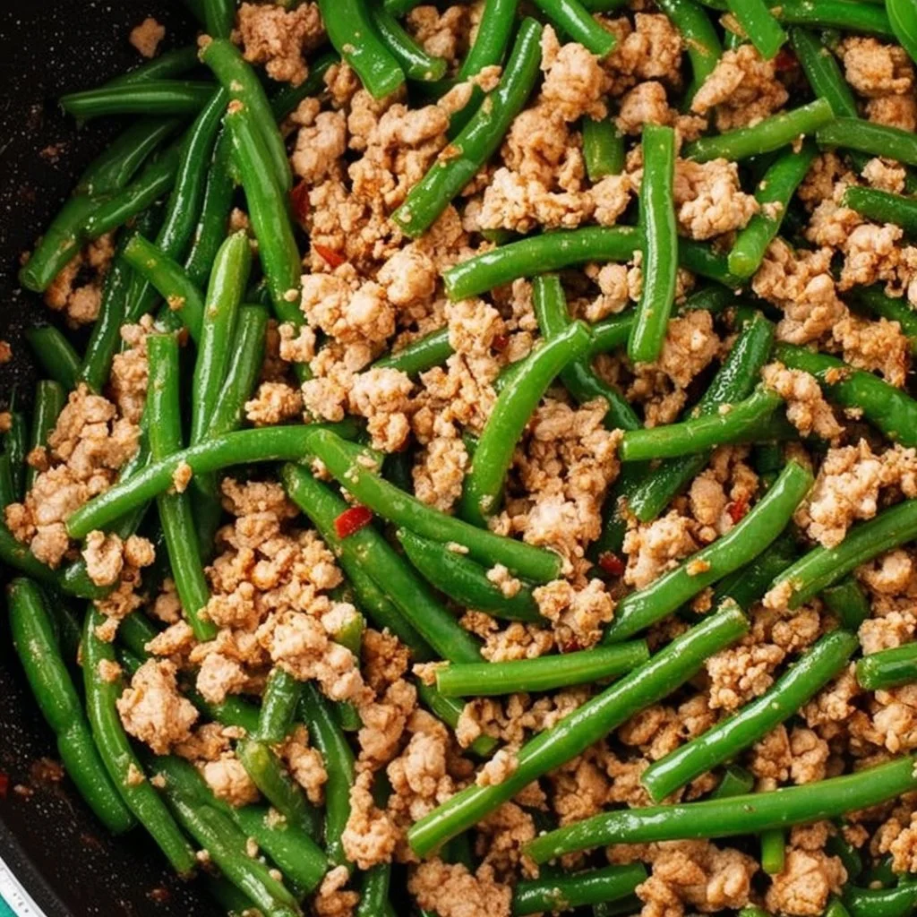 Plate of ground turkey with sautéed green beans for a healthy meal