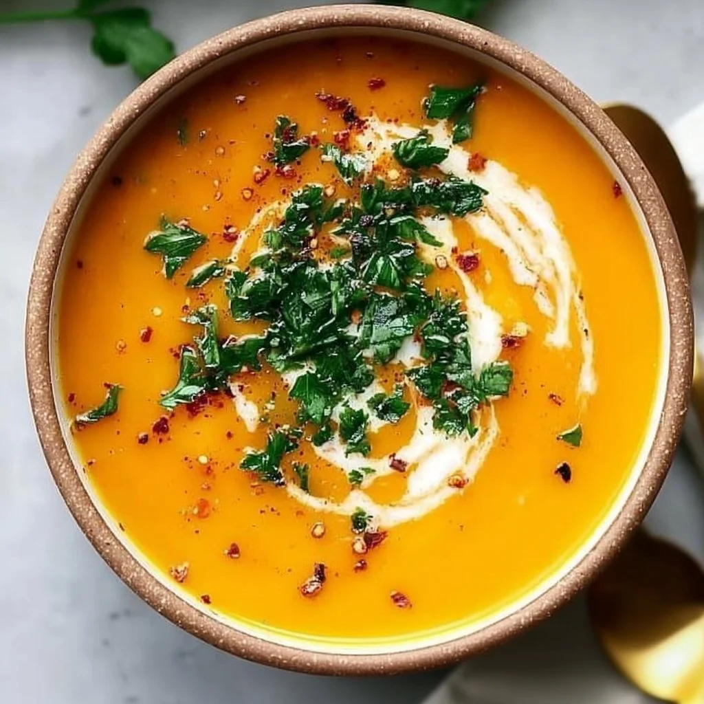Bowl of healthy butternut squash soup garnished with herbs