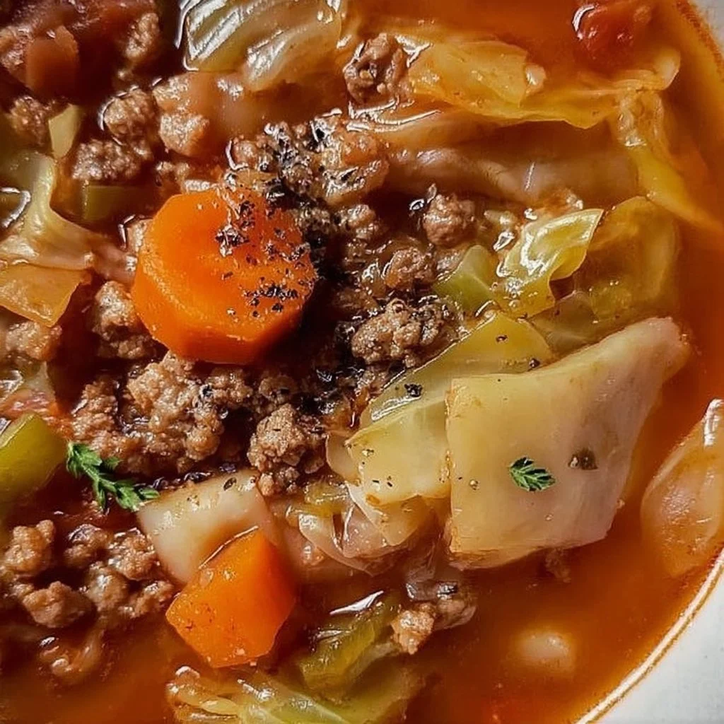 Hearty cabbage soup with ground beef served in a bowl