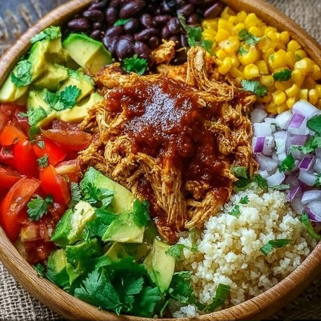 High-Protein Chicken Enchilada Bowls served in a colorful dish