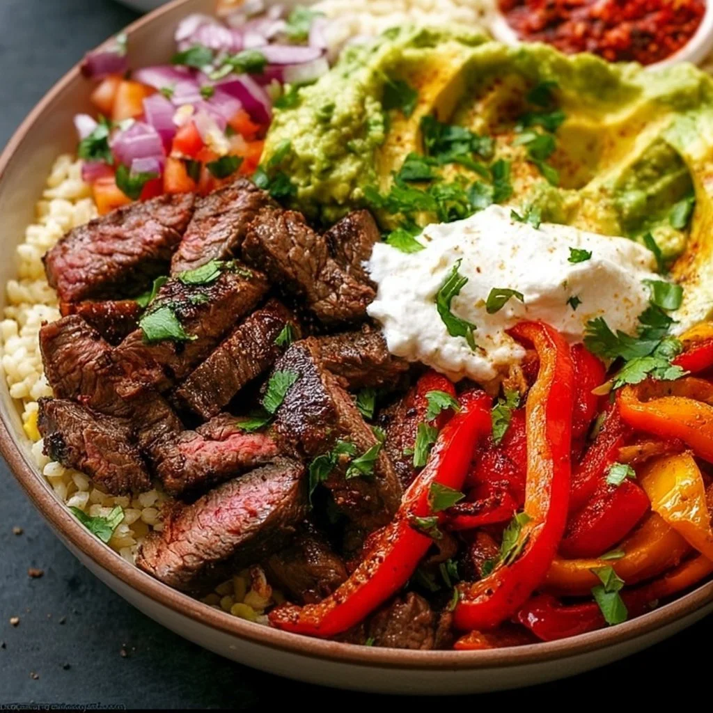 High Protein Steak Fajita Bowl with tender steak and colorful vegetables