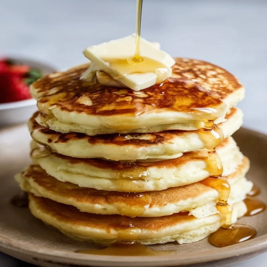 Stack of fluffy homemade pancakes with syrup and berries