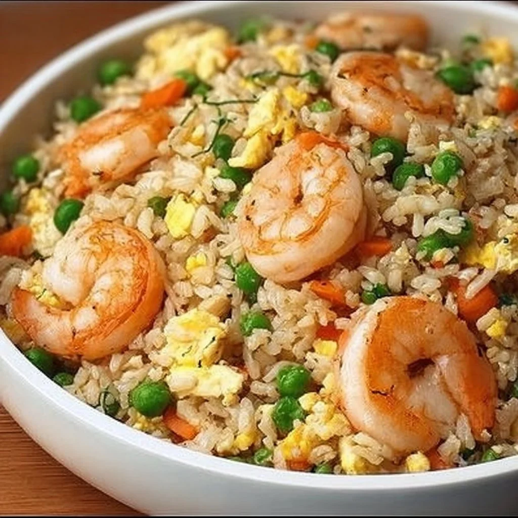 Delicious homemade shrimp fried rice dish garnished with vegetables