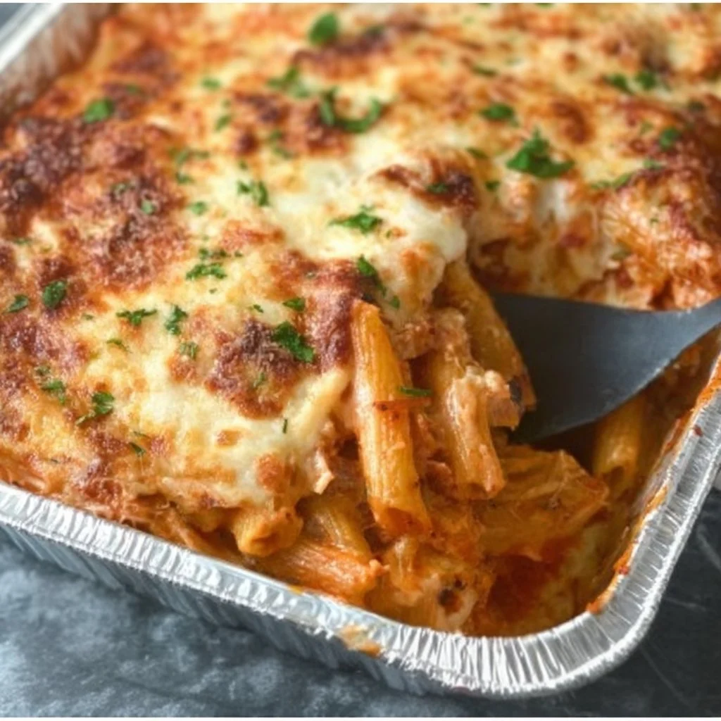 Delicious baked ziti dish with cheese and marinara sauce served in a baking dish