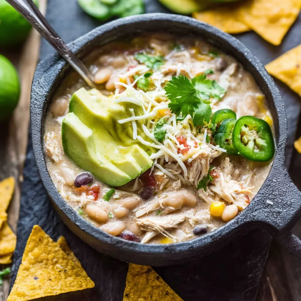 Bowl of Instant Pot white chicken chili topped with cilantro and served with tortilla chips.