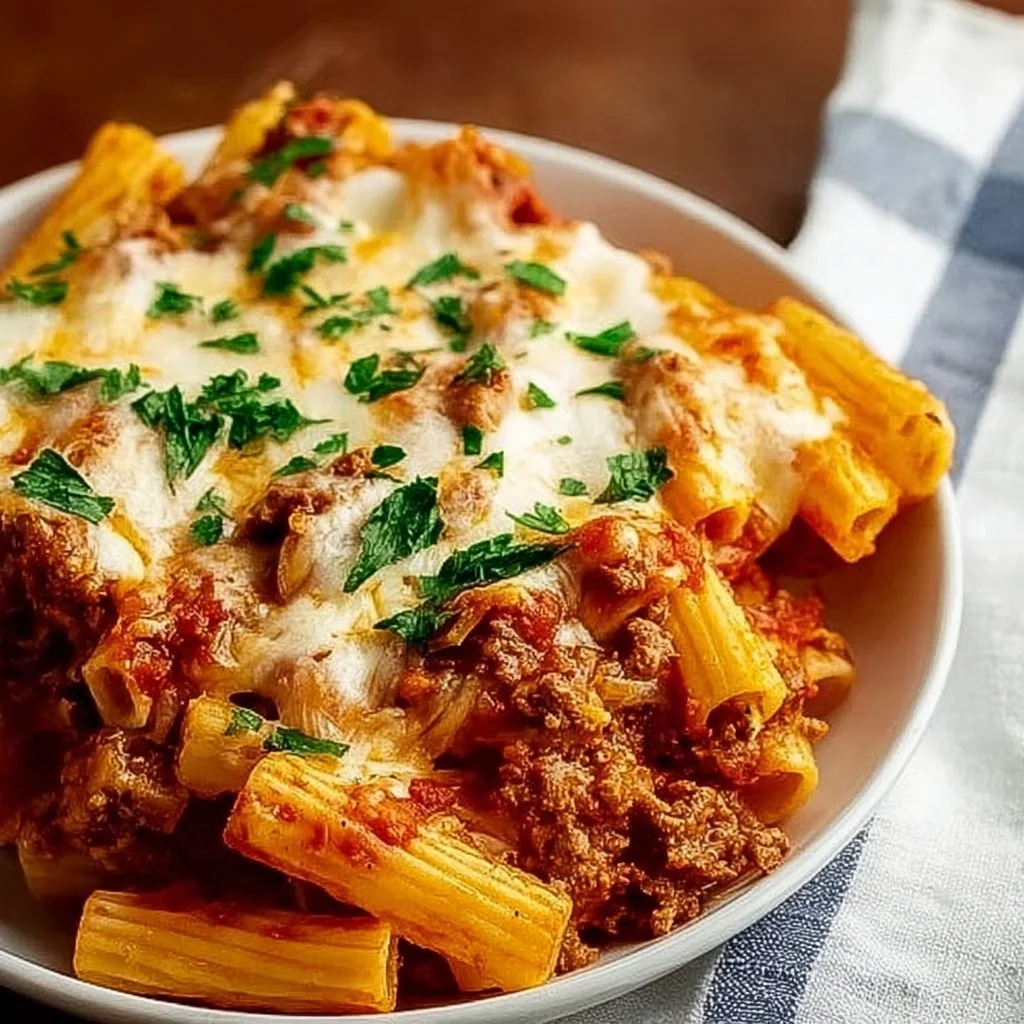 Delicious Italian Rigatoni Bake with cheese and tomato sauce
