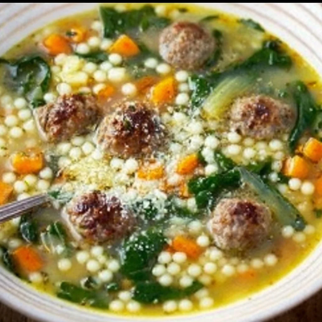 Bowl of homemade Italian Wedding Soup with meatballs and greens