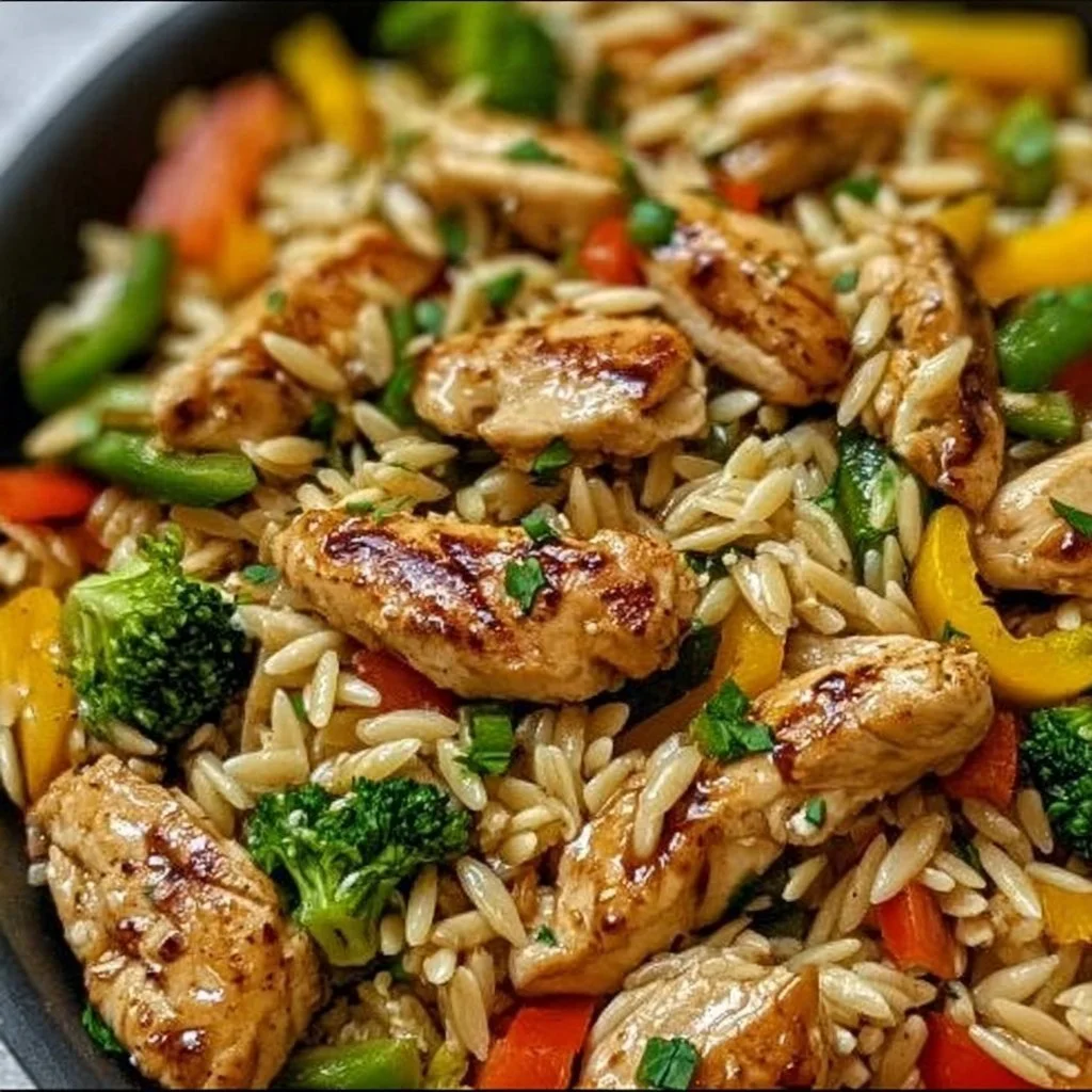 Lemon chicken and veggie orzo stir fry in a colorful bowl