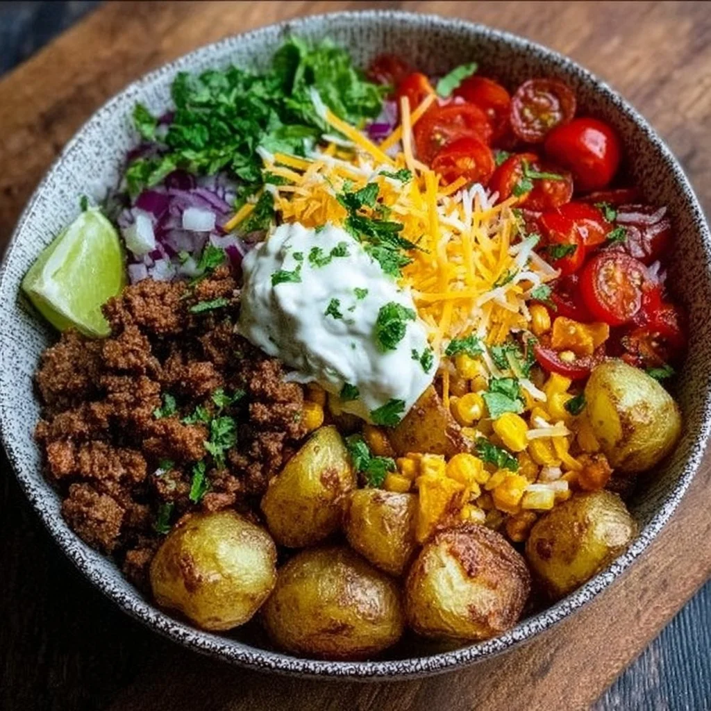 Delicious loaded potato taco bowl with toppings and fresh ingredients
