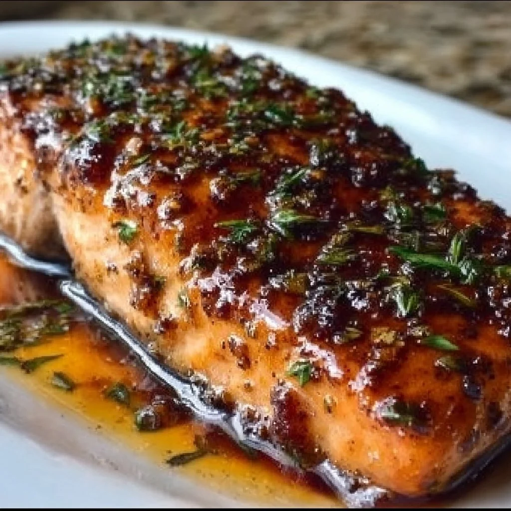 Delicious Maple Bourbon Glazed Salmon on a plate garnished with herbs