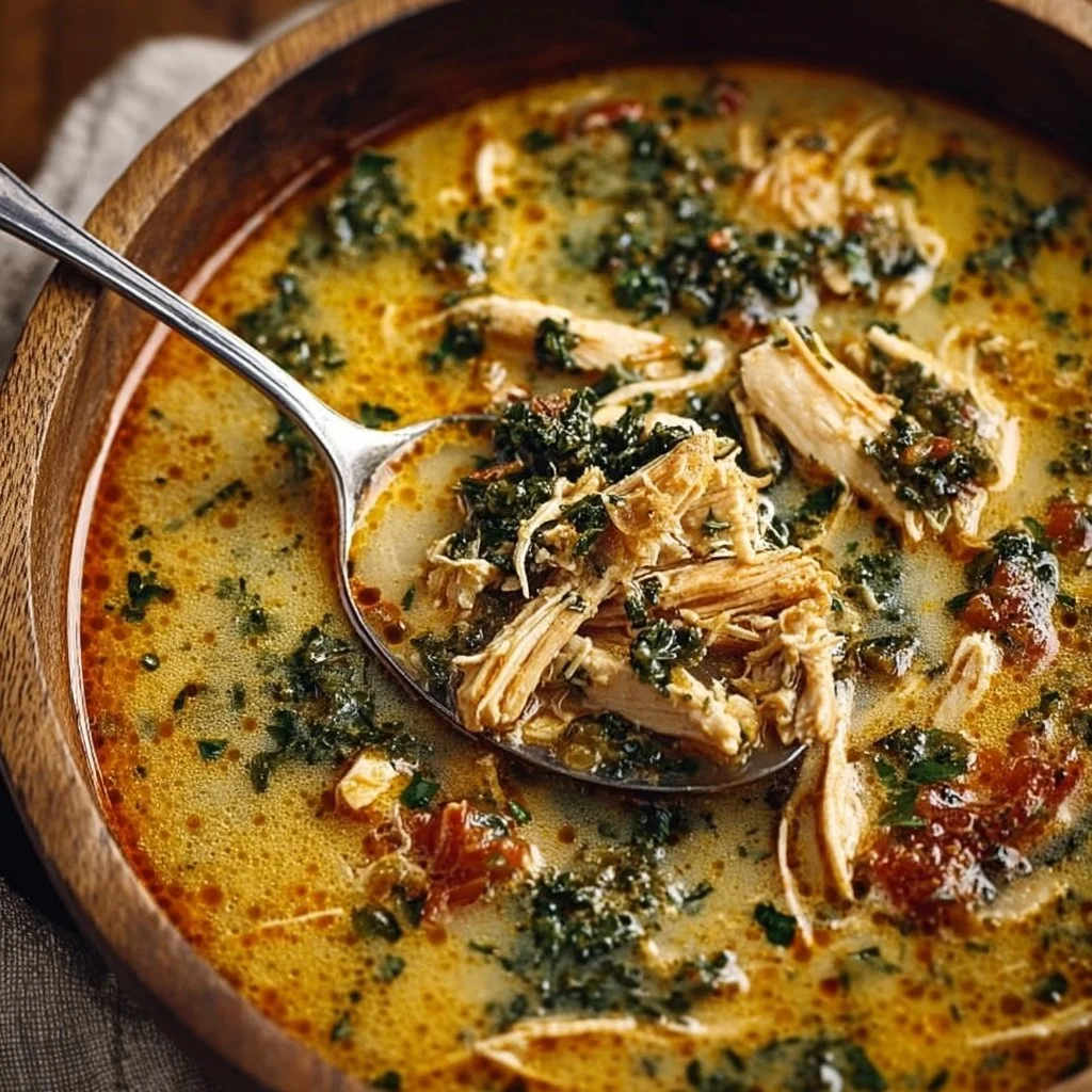 A bowl of Marry Me Chicken Soup garnished with herbs and spices.