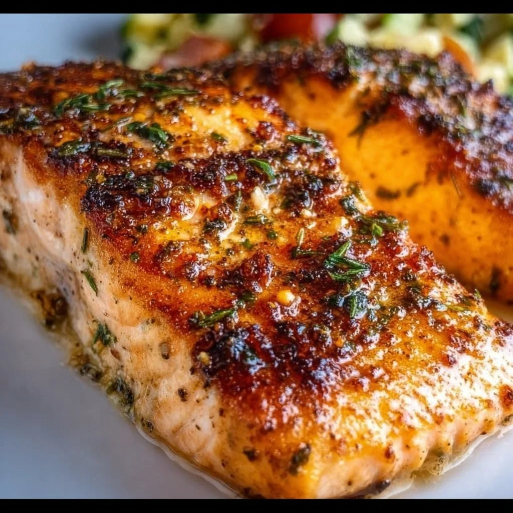 Delicious Mediterranean Air Fryer Salmon served with fresh herbs and lemon
