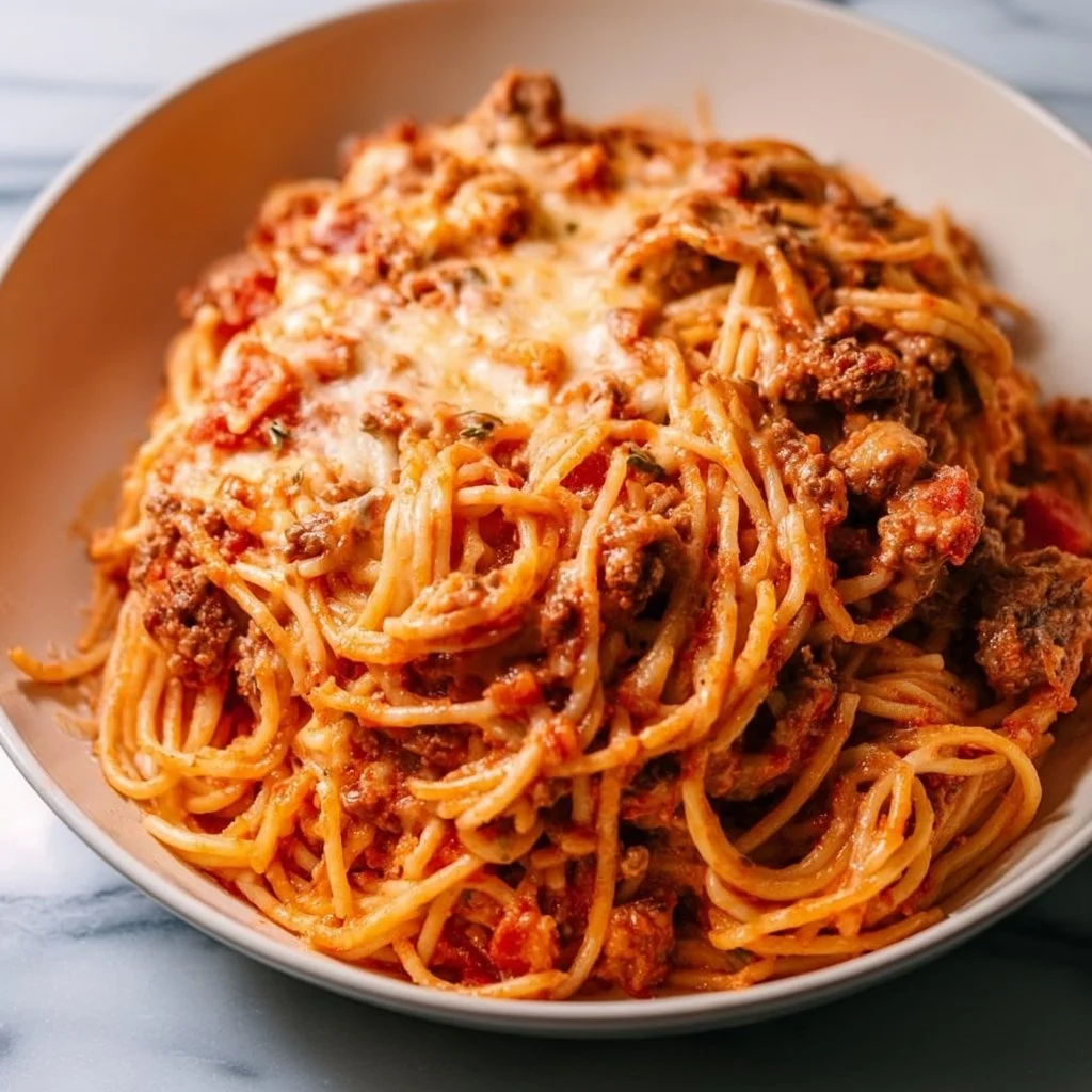 Delicious Million Dollar Baked Spaghetti topped with cheese and herbs