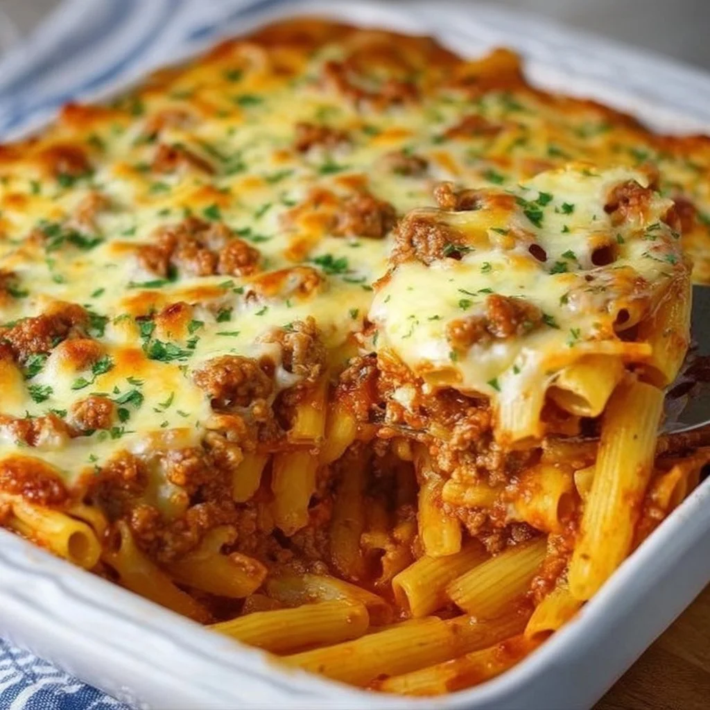 Delicious Million Dollar Baked Ziti topped with melted cheese and herbs