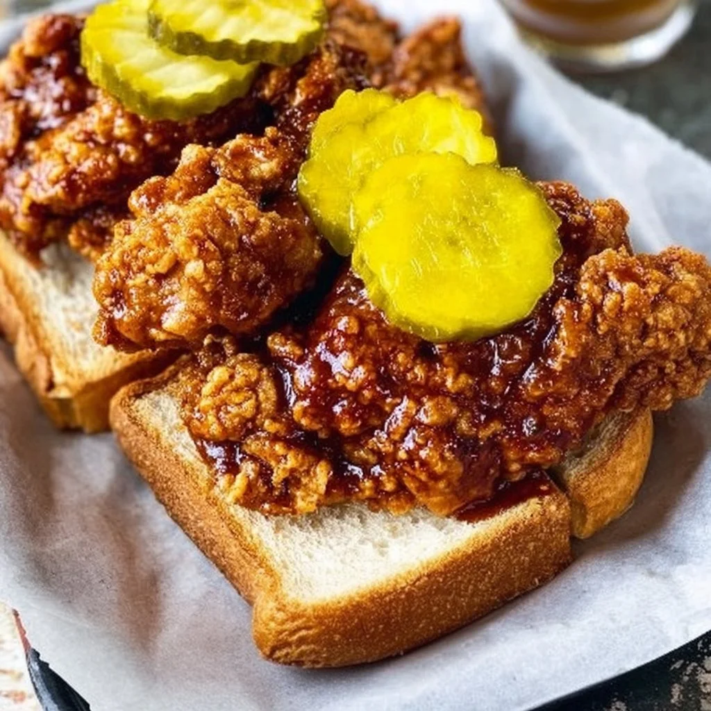 Delicious Nashville Hot Chicken served with pickles and bread