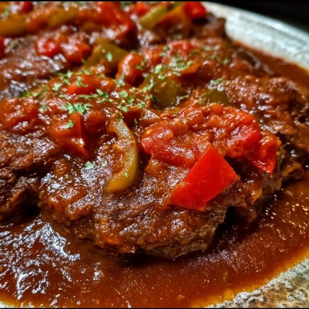 Old-fashioned Swiss steak cooked in a savory tomato sauce with vegetables.