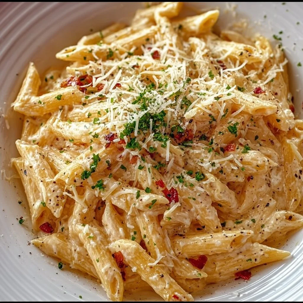 One pot creamy garlic pasta served with parsley and parmesan cheese