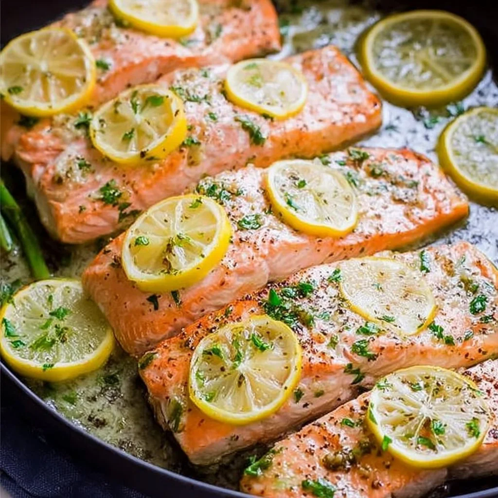 Delicious oven roasted salmon served with herbs and lemon