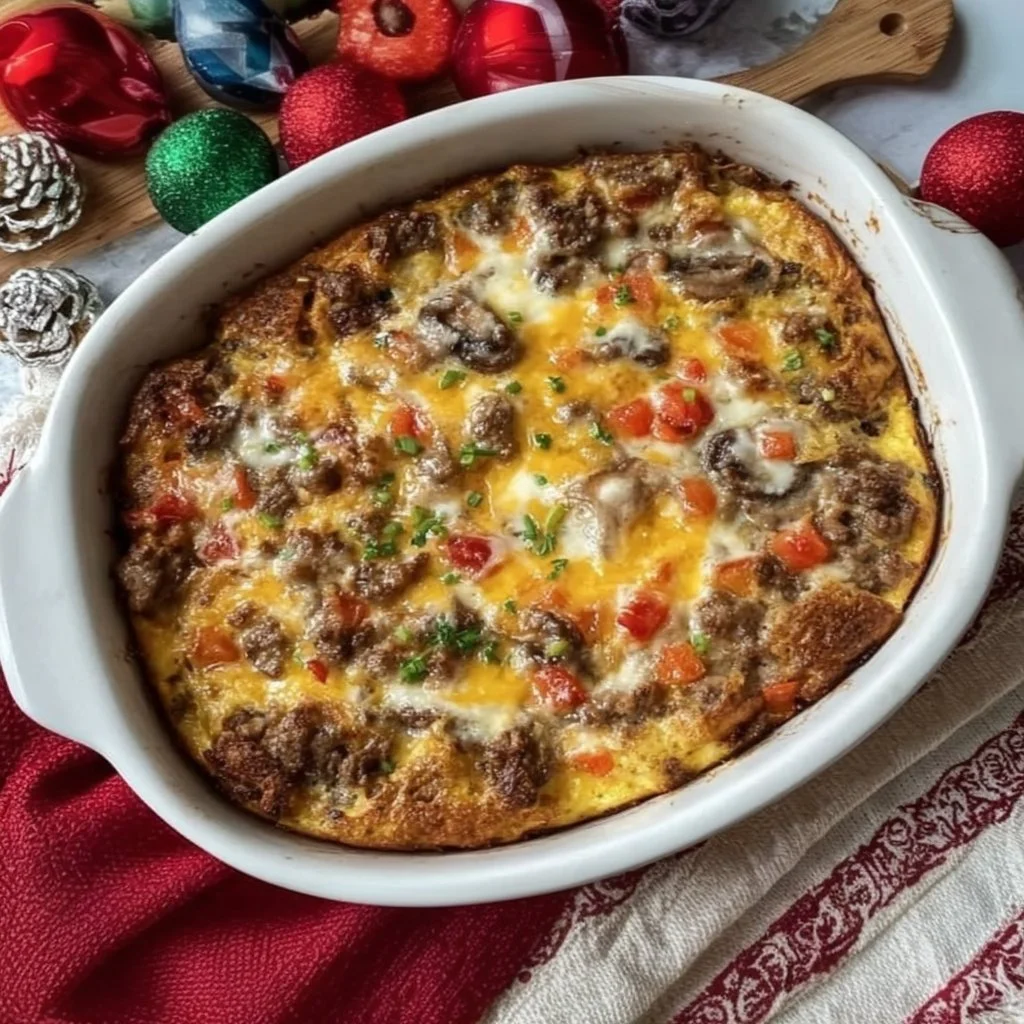 Delicious overnight breakfast casserole ready to serve with eggs, cheese, and veggies.