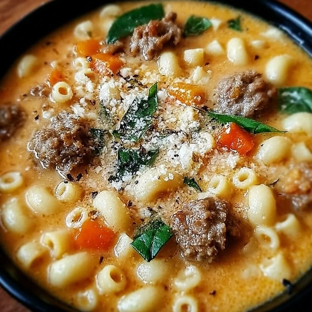 Delicious bowl of Parmesan Ditalini Soup garnished with herbs
