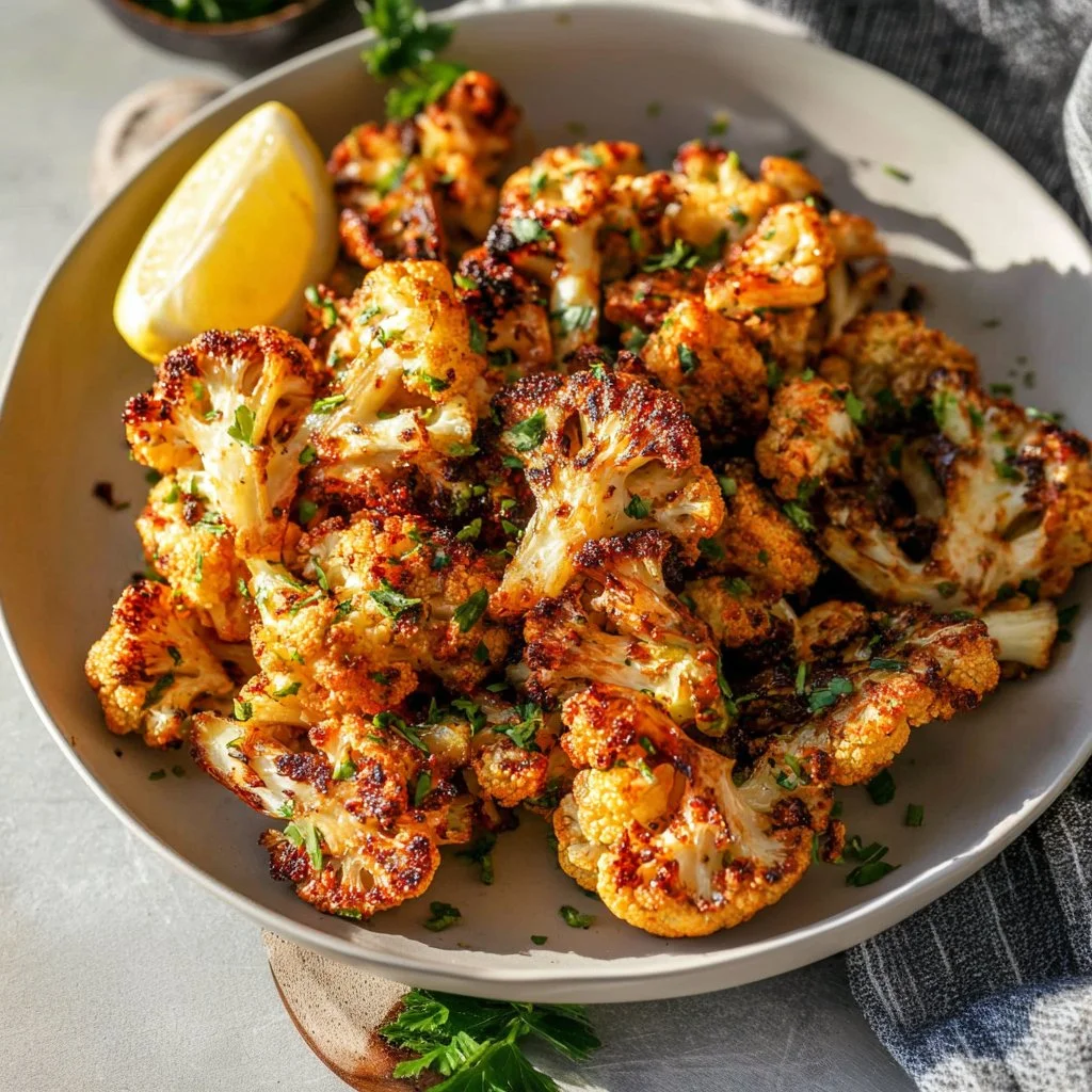 Bowl of flavorful Parmesan Roasted Cauliflower ready to serve