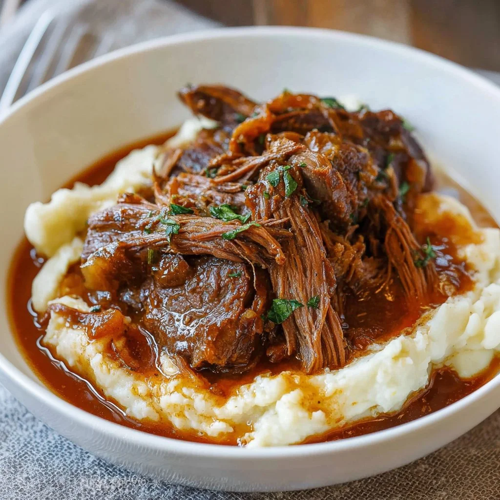 Delicious and tender pot roast served with vegetables and herbs.