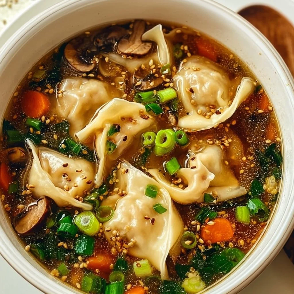 Bowl of flavorful Potsticker Soup with dumplings and vegetables