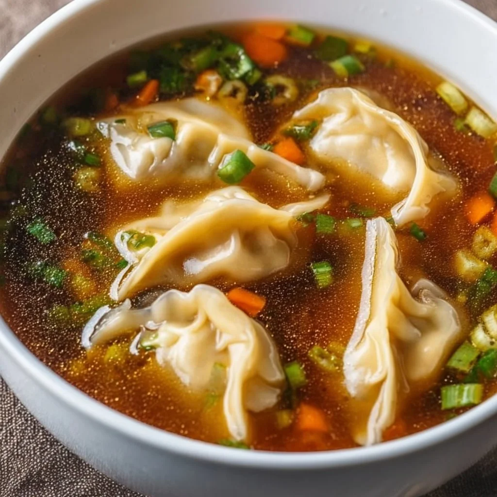 Bowl of Potsticker Soup with dumplings and vegetables for a comforting meal