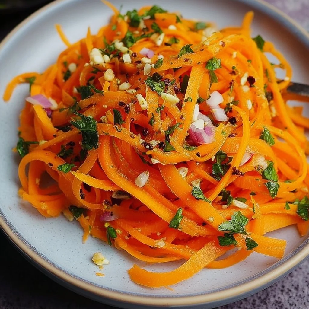 Vibrant raw carrot salad with fresh ingredients and a zesty dressing